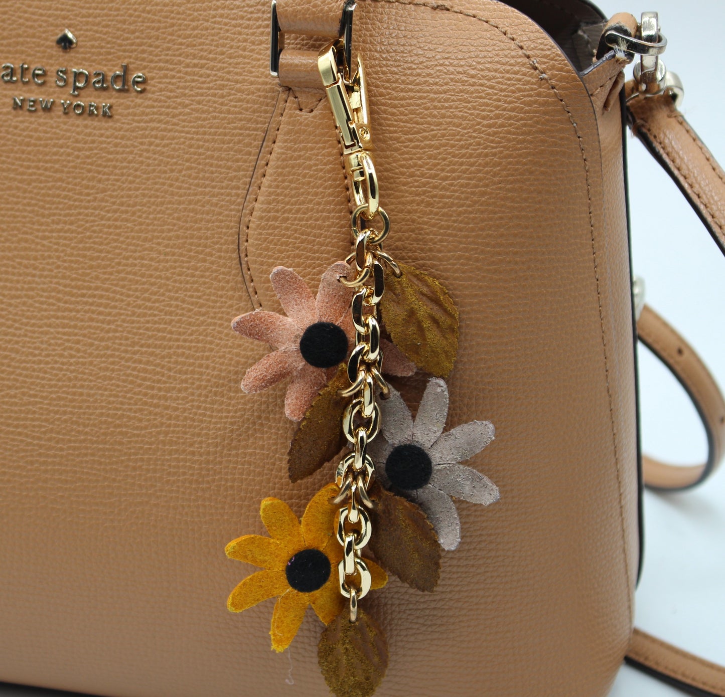 Genuine Leather Flower Keychain gold chain bag charm purse charm