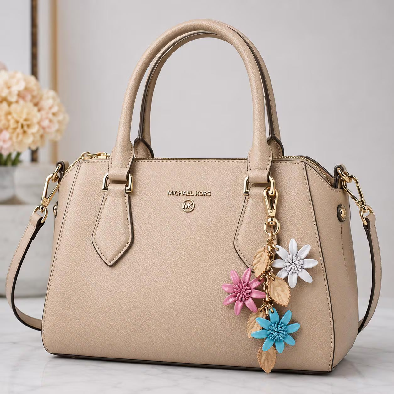 Genuine Leather Flower Keychain gold chain bag charm purse charm