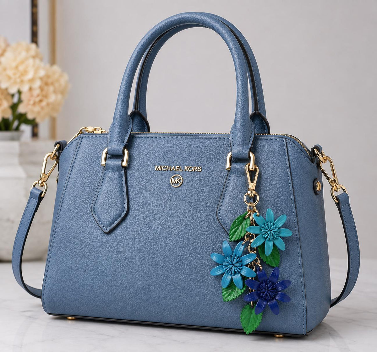 Genuine Leather Flower Keychain gold chain bag charm purse charm